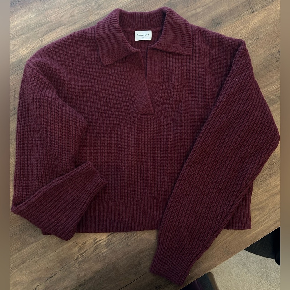 Sunday Best Burgundy Ribbed V-Neck Polo Sweater